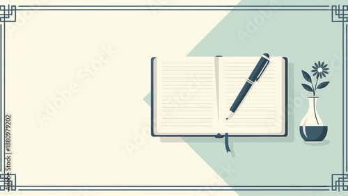 Administrative Professionals Day concept. Open notebook, elegant pen, delicate flower vase present thoughtful appreciation for Administrative Professionals Day. Graphic for banners, invitations.
