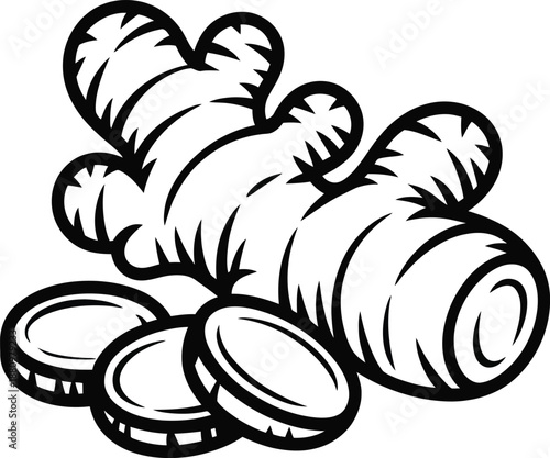 Ginger Root Illustration with Sliced Pieces for Cooking and Healthy Herbal Medicine