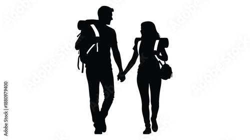 Couple walking hand in hand with a backpack a striking black silhouette