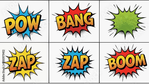 A grid of six comic book style explosion graphics with text labels, displayed on a clean white background, as seen from a straightforward frontal viewpoint, file reference img_q107se_fx.svg