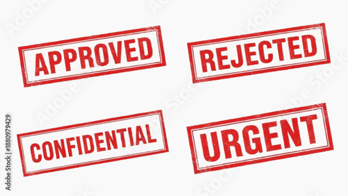 Four red stamps with distinct labels arranged in a square pattern, conveying different statuses