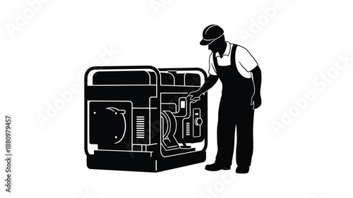 A mechanic inspecting an engine detailed black and white silhouette