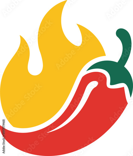 Spicy Red Chili Pepper Icon with Burning Fire Flame for Hot Food and Restaurant Logo