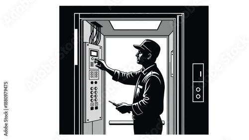 A man operating electrical controls inside an elevator striking black silhouette