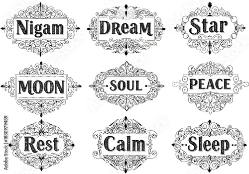 Nine ornate black and white vector designs with text labels