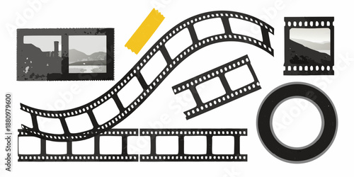Film strips and movie icons on a white background