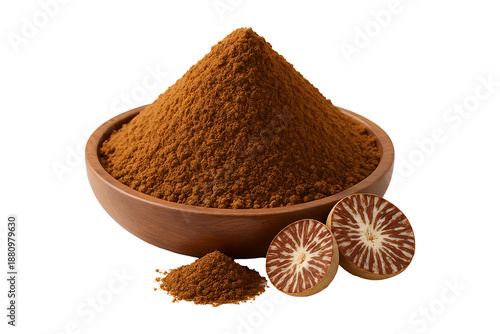 Pile of mace spice in a wooden bowl with nutmeg on transparent background