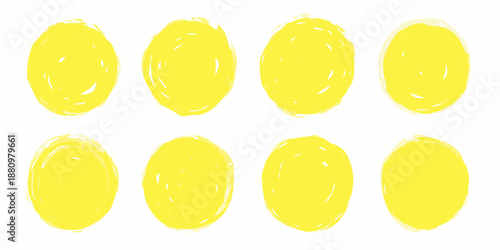 A collection of eight hand painted textured yellow circular shapes on white background