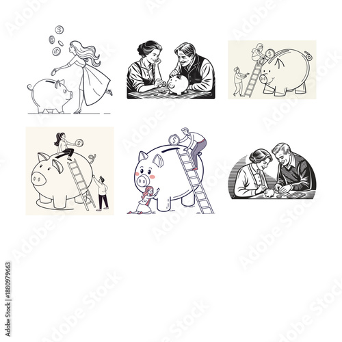Savings Journey: A collection of illustrations depicting the heartwarming journey of saving, where individuals invest time, effort, and care into securing their financial future.