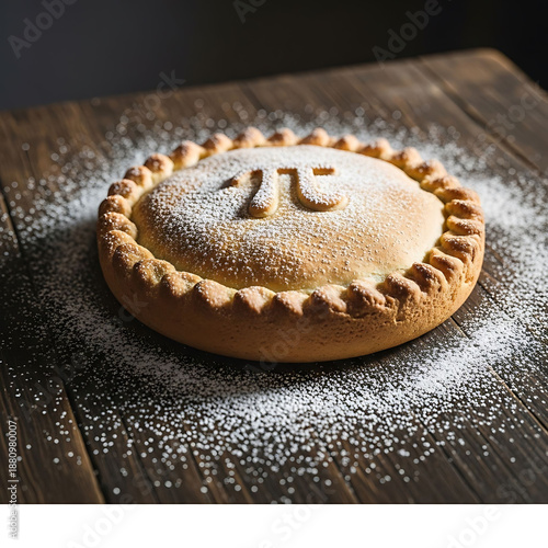 Delicious homemade pie with powdered sugar on wooden table