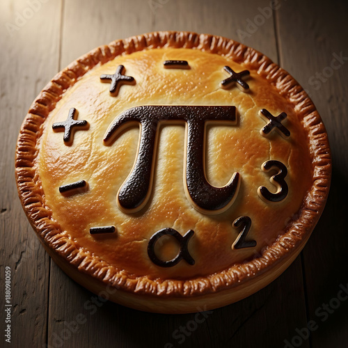Delicious pie with mathematical symbols on top on wooden table