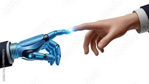 Futuristic robotic hand with glowing blue fingertip touching a human finger symbolizing artificial intelligence