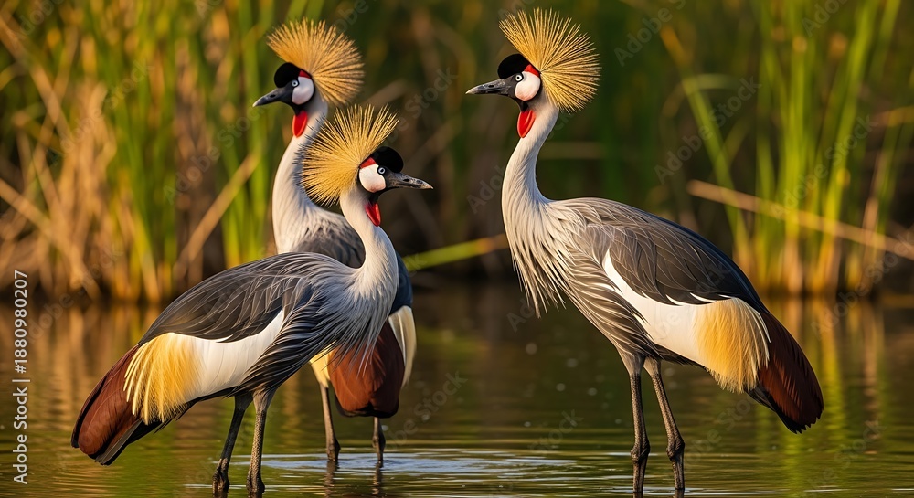 Fototapeta premium Elegant African Crowned Cranes Family Portrait in Lush Wetlands Habitat.