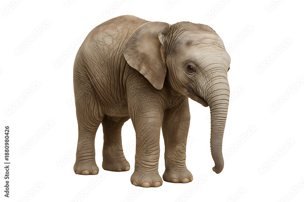 Obraz premium Adorable baby elephant standing facing forward detailed texture isolated on transparent background
