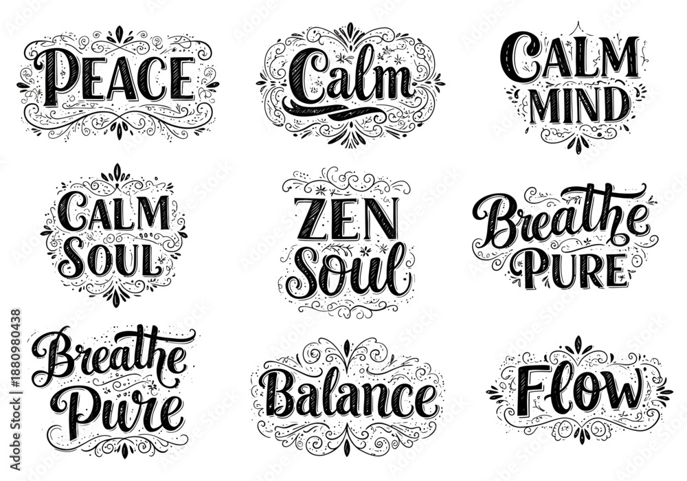 Fototapeta premium Black and white ornamental typography set featuring nine motivational phrases in vintage style