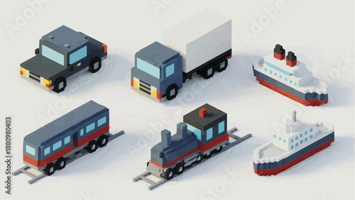 Transportation modes including trucks trains and ships depicted in a 3D isometric view showcasing various vehicles img_dmks42_fx.svg