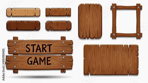 Wooden signboards and frames displayed in a digital illustration for a game start screen