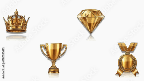 Golden awards and trophies displayed on a clean surface from a straightforward viewpoint