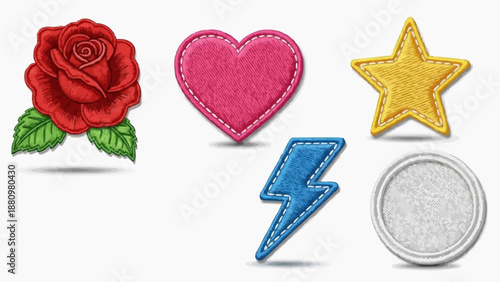Embroidered rose, heart, star, lightning, and coin icons arranged in a row on a clean background, viewed from directly above, showcasing various stitched designs.