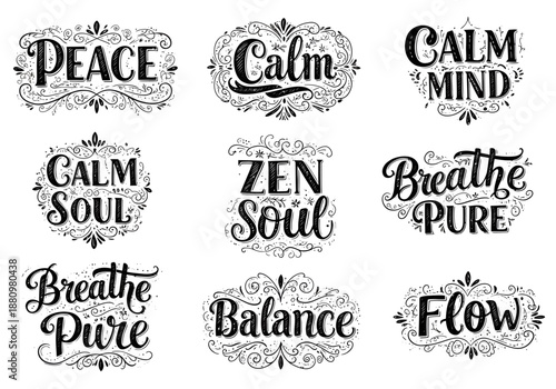 Black and white ornamental typography set featuring nine motivational phrases in vintage style