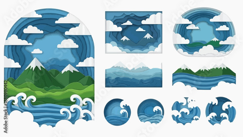 Collection of ocean wave and mountain landscape illustrations from various viewpoints