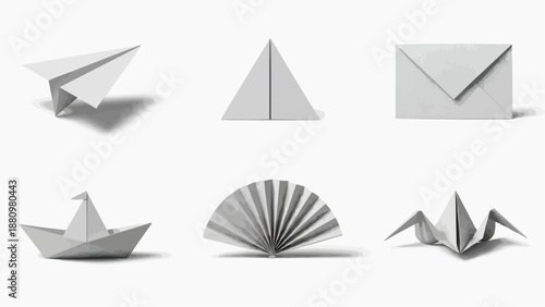 Collection of origami art pieces including boats, pyramids, and envelopes on a plain white background viewed from directly above img_2uky9a_fx.svg