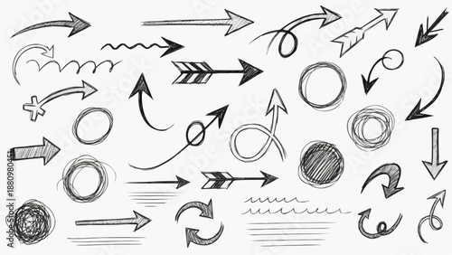 Collection of Hand-Drawn Arrows and Shapes in Various Styles and Directions
