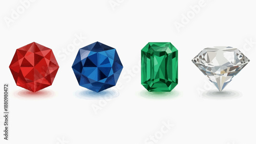 Four precious gems, including a red, blue, green, and clear diamond, are displayed in a row against a white background, showcasing their facets and sparkle, as seen in img_8khxke_fx.svg.