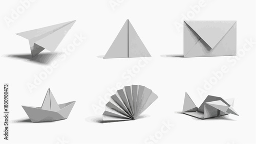 Wallpaper Mural A series of paper objects in various folded forms, including boats, planes, and envelopes, displayed on a clean white background from multiple viewpoints Torontodigital.ca