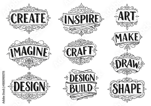 Collection of black and white vintage style handlettered words related to creation