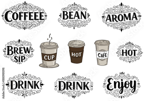 Collection of blackandwhite coffeethemed handdrawn text labels and illustrated paper cups