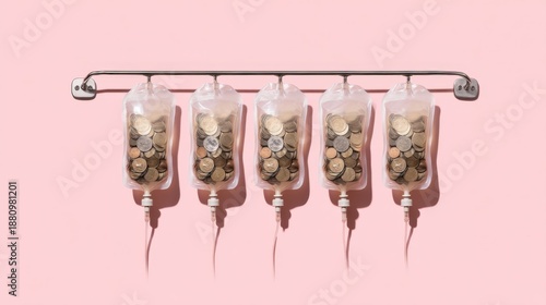 Money Infusion Concept with Coins in IV Bags Displayed on Pink Background for Financial Growth Representation