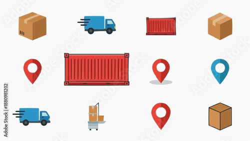 Logistics and transportation icons featuring trucks, containers, and packages in various locations, depicted in a flat design style with bold colors.