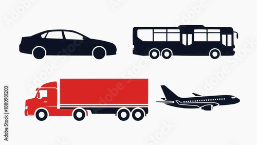 Transportation icons including car, bus, truck, and airplane in a graphic illustration from a straightforward viewpoint