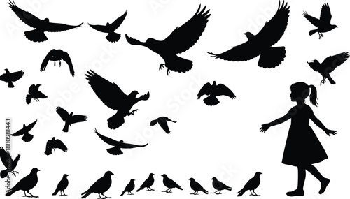 Silhouette birds flying perched walking with girl in dress, nature wildlife interaction, black vector illustration on white background