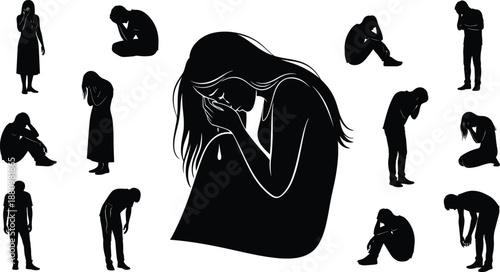 Black silhouette set of sad and depressed people, lonely men and women crying or mourning, vector illustration isolated on white background, SEO.