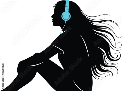 Silhouette girl with headphones sitting alone in introspective pose, music therapy concept, emotional solitude, artistic vector for stock use