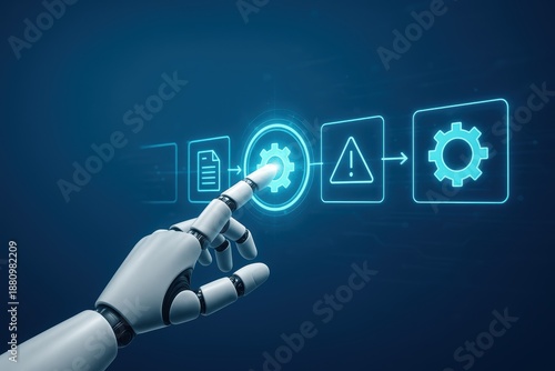 Automation Process: An robotic hand presses a glowing gear icon representing process automation, conveying the concept of automated workflows and technological efficiency in a dynamic.