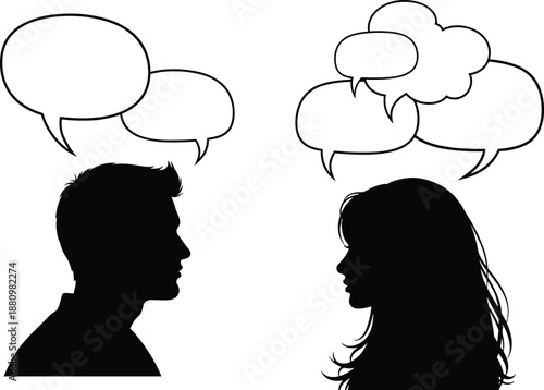 Silhouette man and woman talking with speech bubbles, communication concept, gender difference, psychology, conversation, black vector illustration
