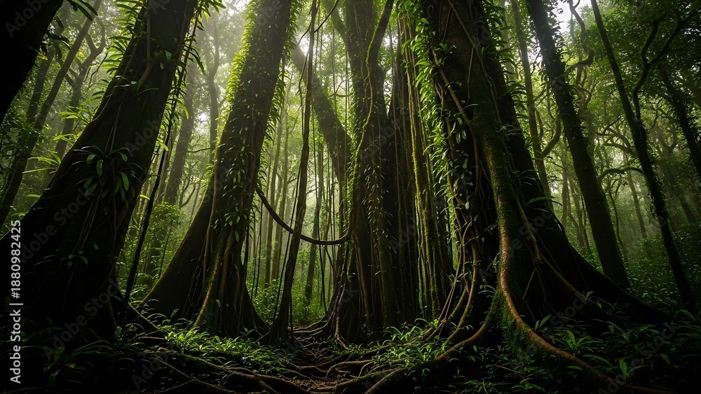 Fototapeta premium Sunlit Mystical Rainforest with Ancient Trees Vines and Ethereal Light Rays.