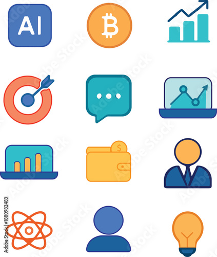 A collection of modern flat design icons representing artificial intelligence, finance, data, and business concepts