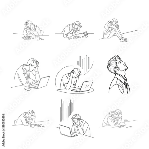 Stressful Business Struggles: Illustrated depictions of various individuals grappling with the weight of challenges. Featuring figures in moments of introspection and reflection.