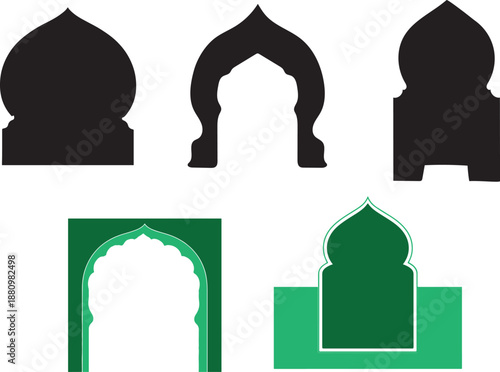 Collection of diverse Islamic architectural elements and mosque dome silhouettes