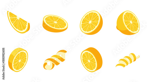 Fresh lemon slices and zest in modern minimalist style on white background