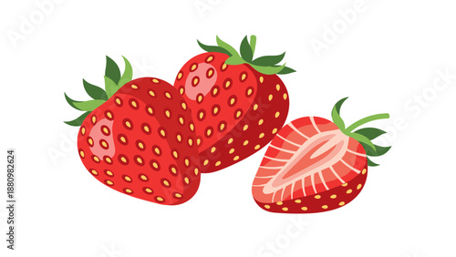 Vibrant strawberries with leaves on white background: fresh fruit art