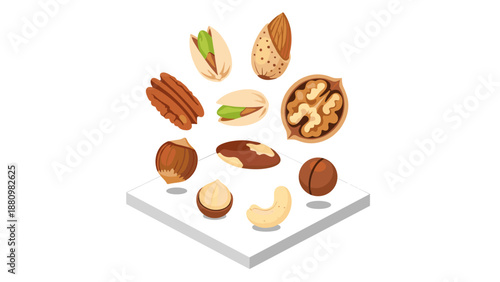 Assorted nuts collection on white background in modern isometric style