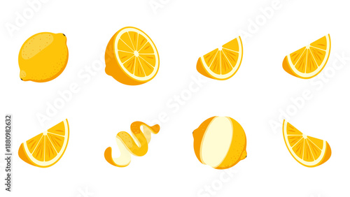 Fresh lemon collection: whole, sliced, and peeled citrus set