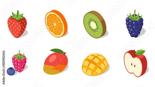 Fresh isometric fruit collection featuring slices of kiwi mango and more