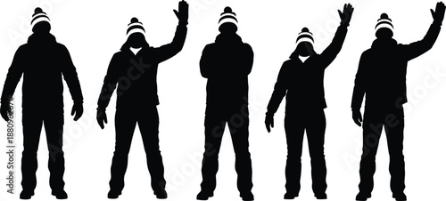 Set of black vector silhouettes of man wearing winter clothes and beanie hat, waving hand to say hello, isolated on white background.