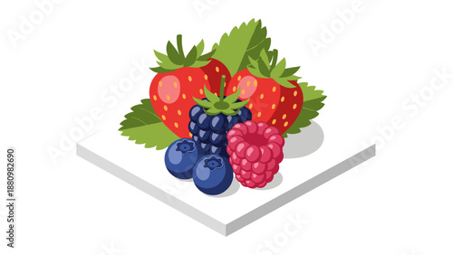 Isometric berry mix with strawberries, blueberries, blackberries, and raspberries on a white background